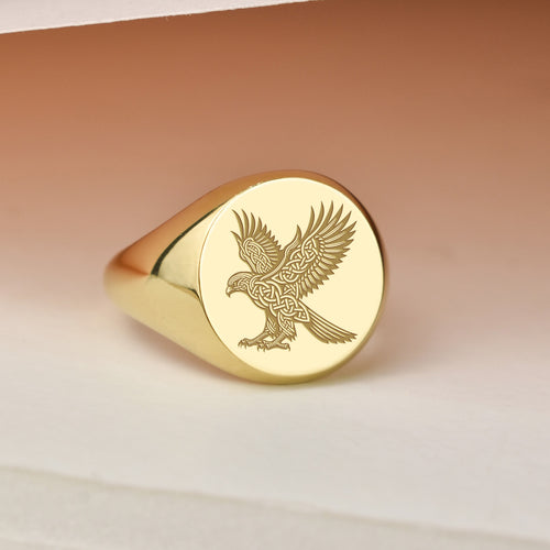 14K Gold Celtic Hawk Signet Ring