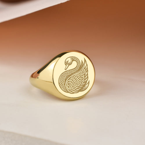 14K Gold Celtic Swan Signet Ring