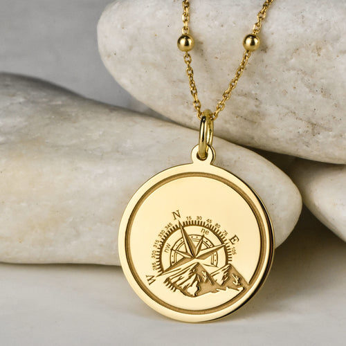 14K Gold Compass Mountain Pendant Necklace