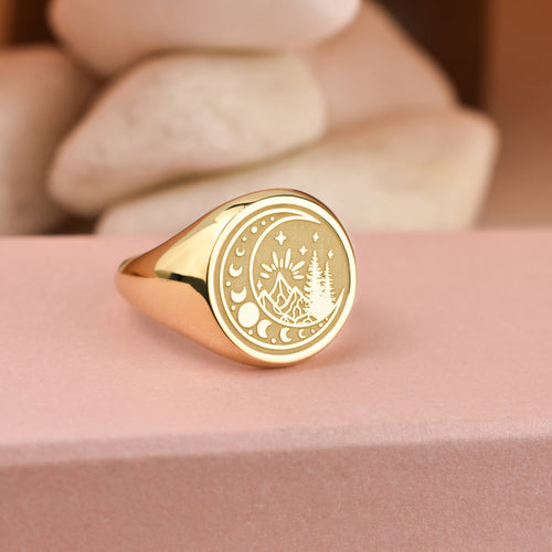14K Gold Crescent Moon Signet Ring