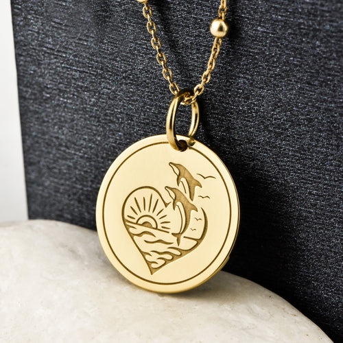 14K Gold Dolphin Heart Pendant Necklace