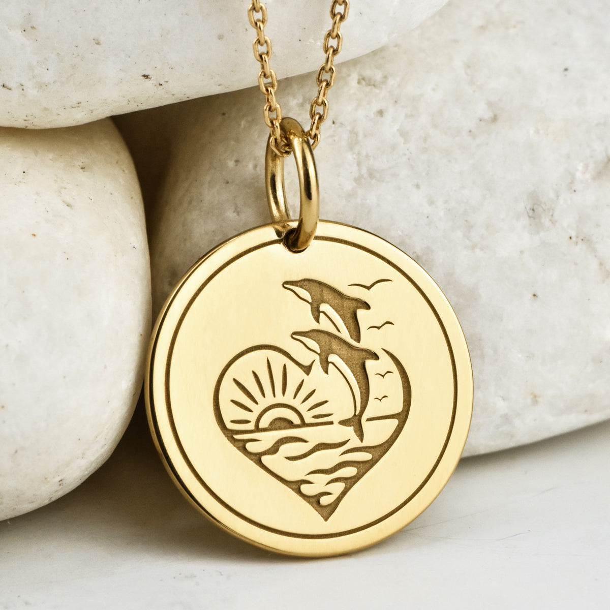 14K Gold Dolphin Heart Pendant Necklace