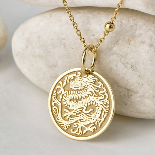14K Gold Chinese Dragon Pendant Necklace