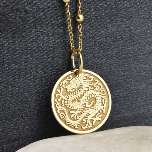 14K Gold Chinese Dragon Pendant Necklace