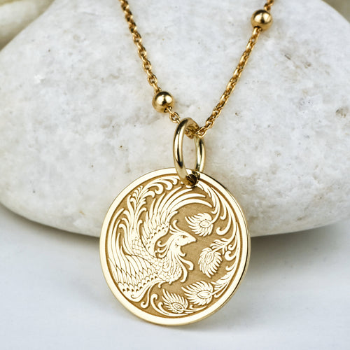 14K Gold Phoenix Bird Pendant Necklace