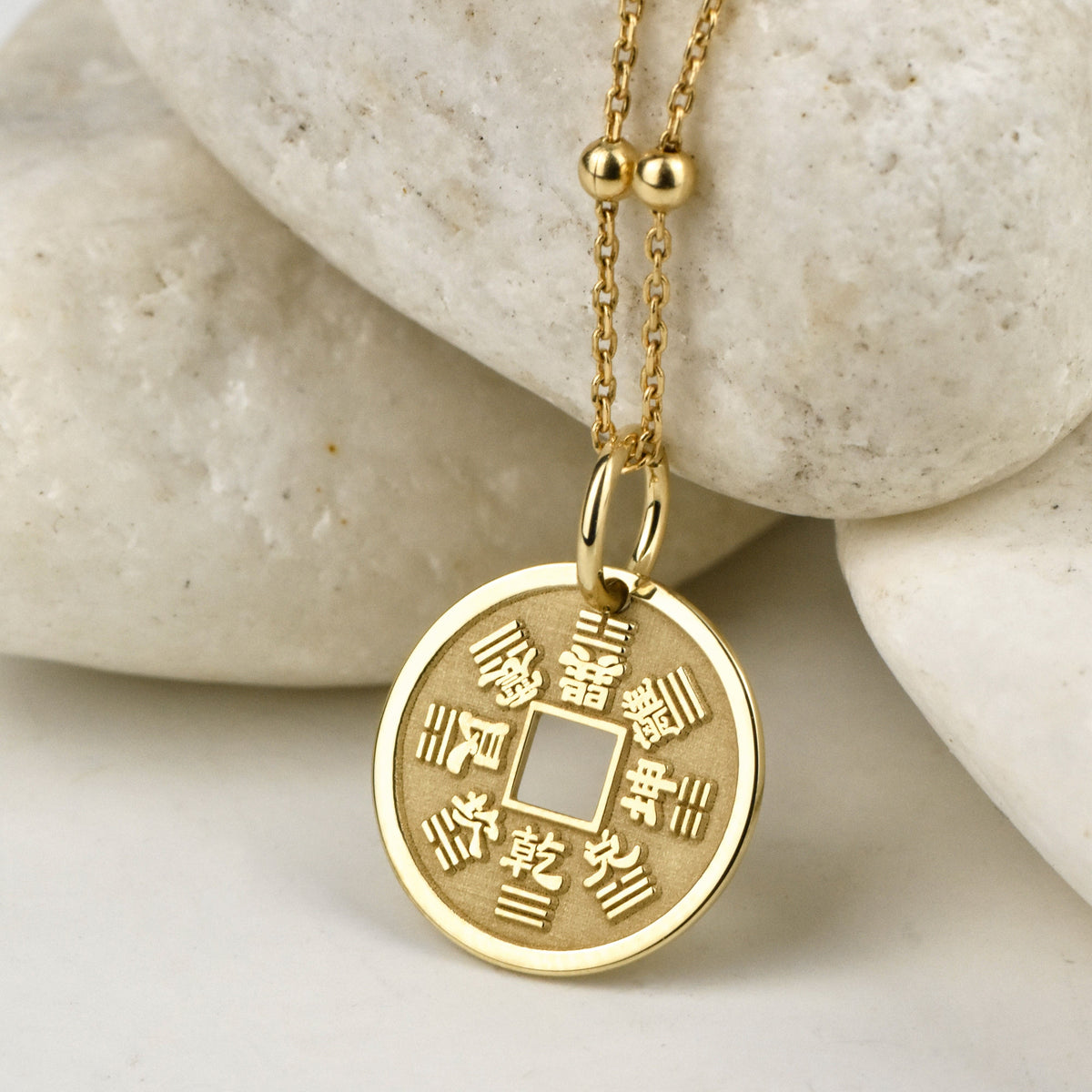 14K Gold I Ching Eight Trigrams Coin Pendant Necklace