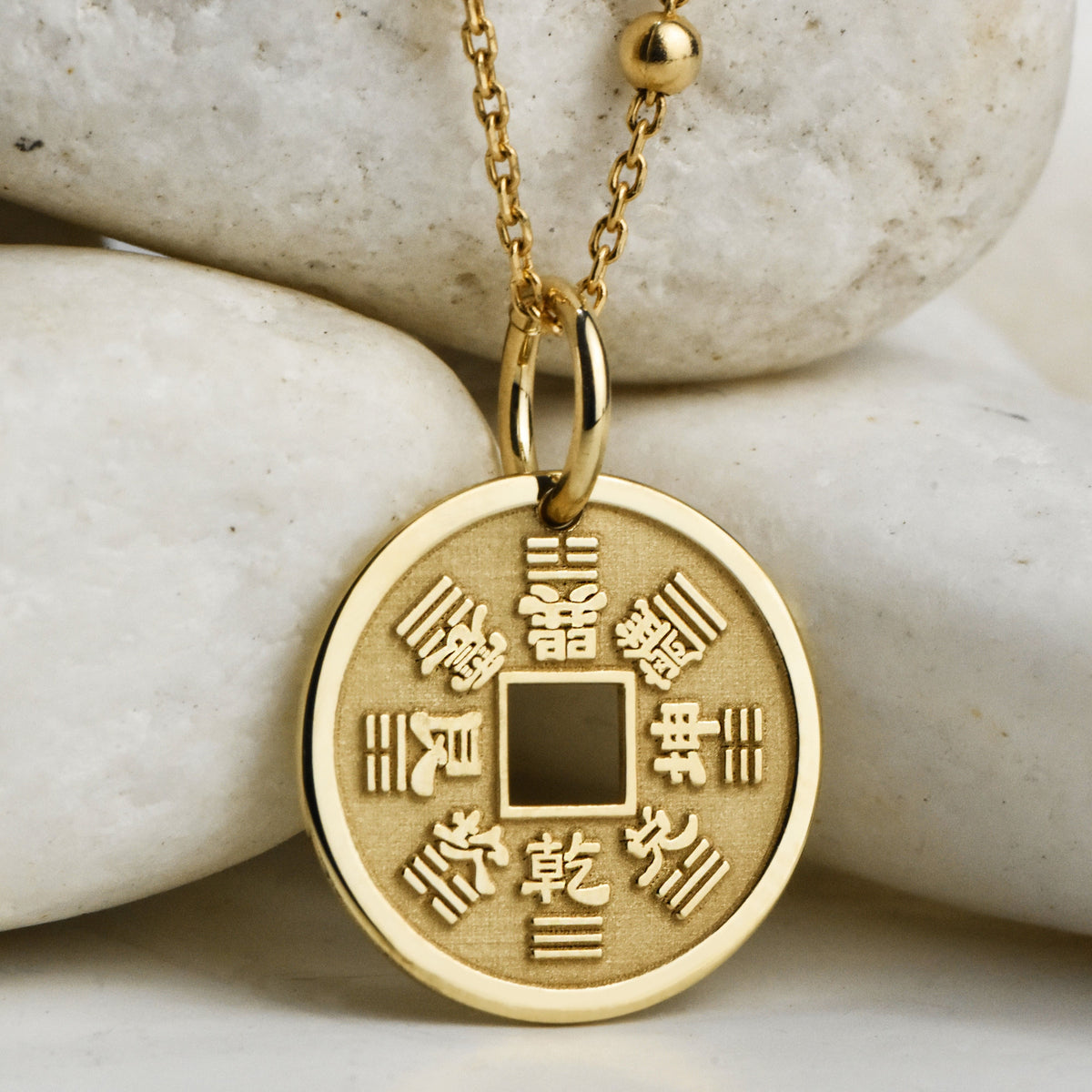 14K Gold I Ching Eight Trigrams Coin Pendant Necklace
