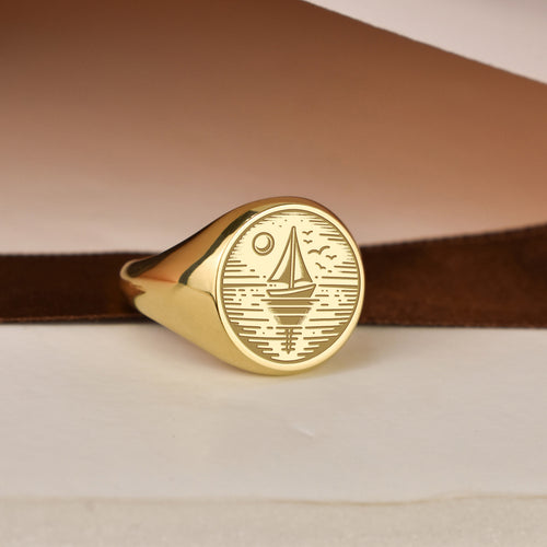 14K Gold Sailboat Signet Ring