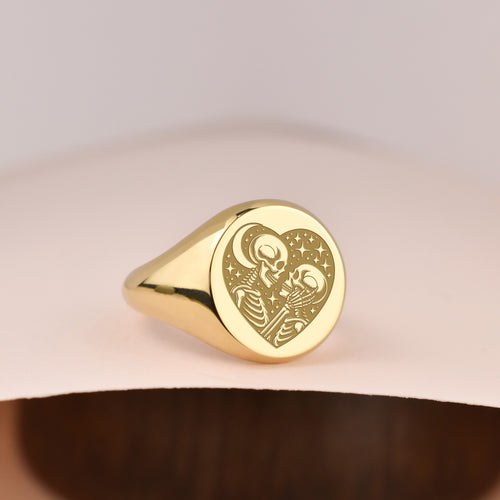 14K Gold Skeleton Lovers Signet Ring