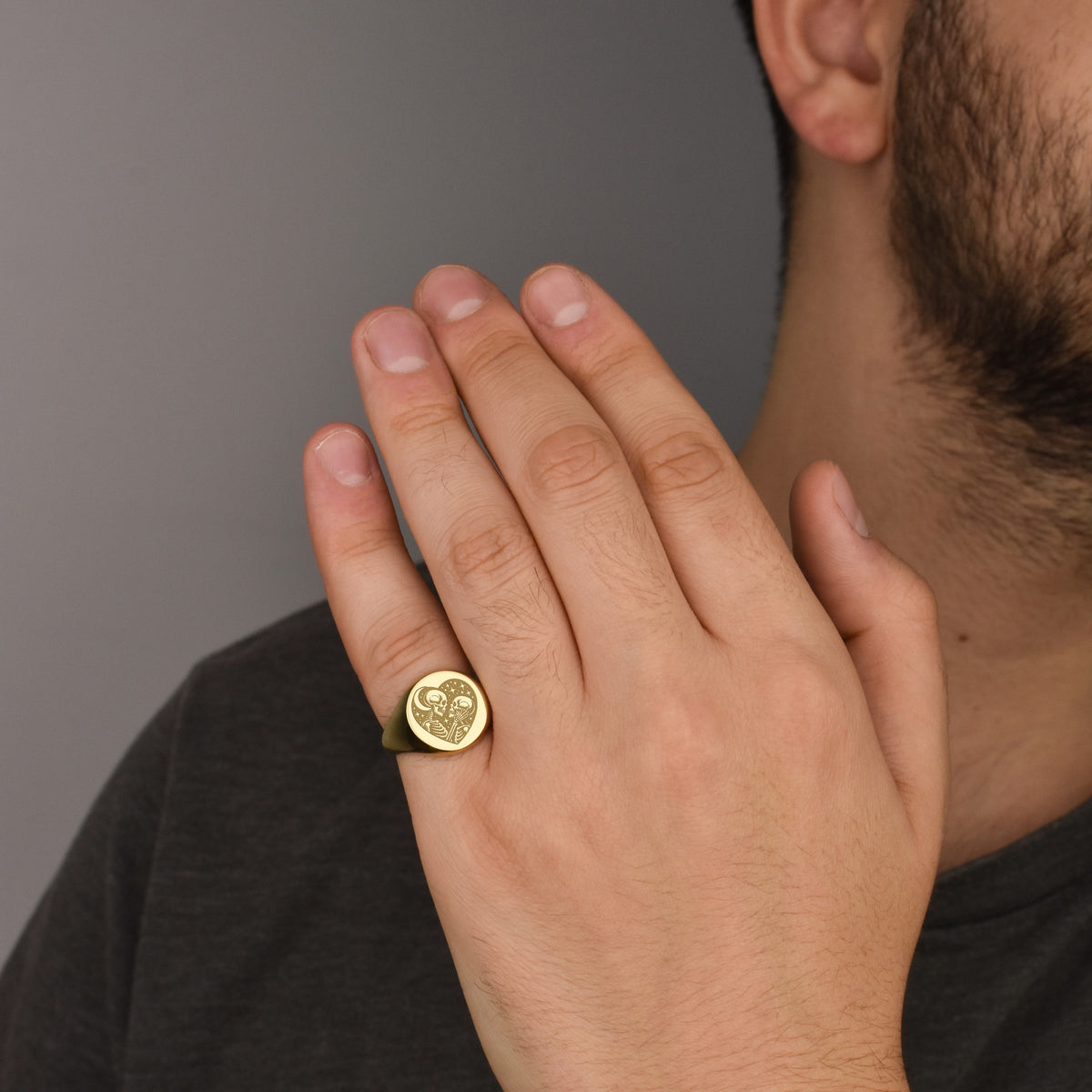 14K Gold Skeleton Lovers Signet Ring