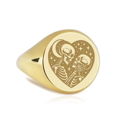 14K Gold Skeleton Lovers Signet Ring