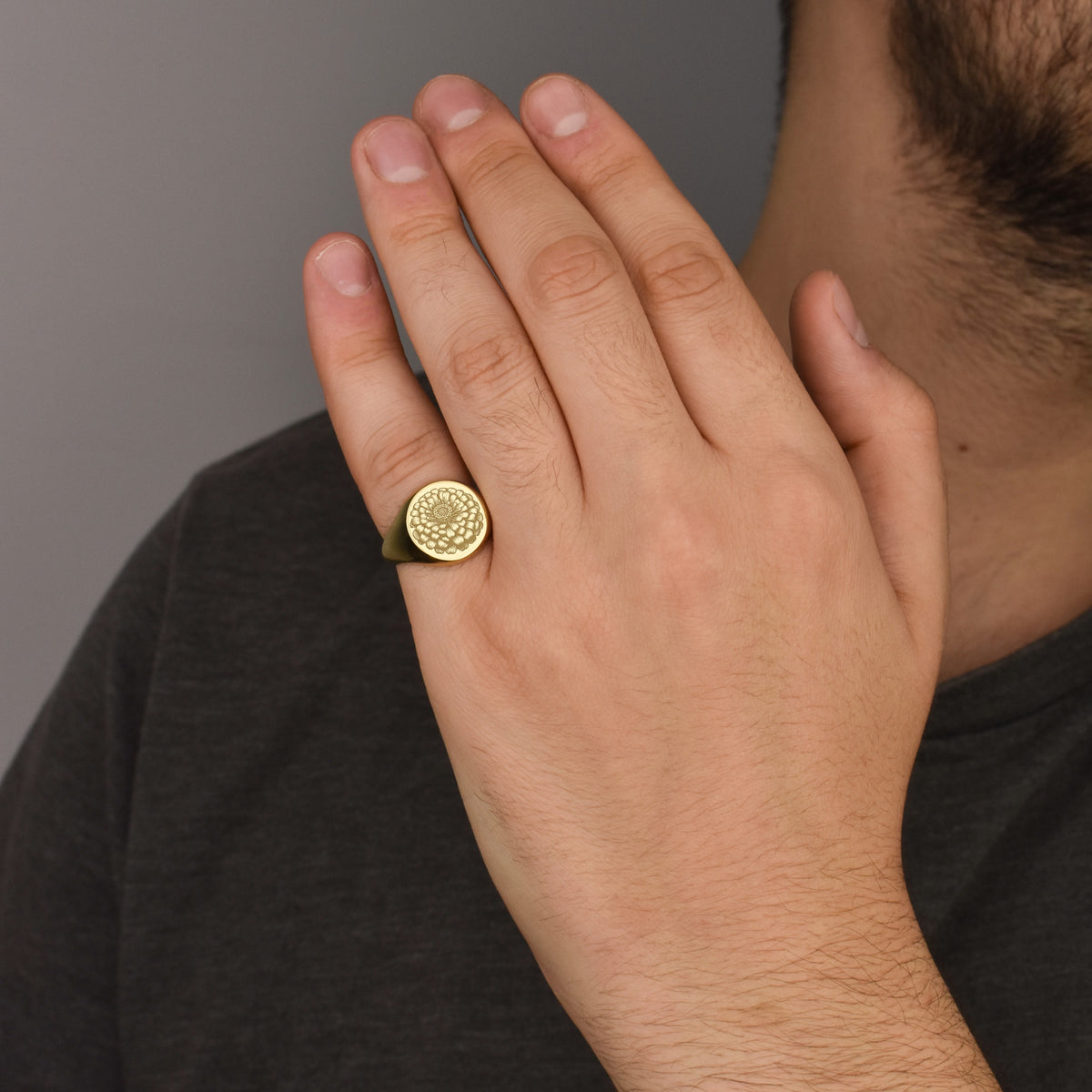 14K Gold Zinnia Flower Signet Ring