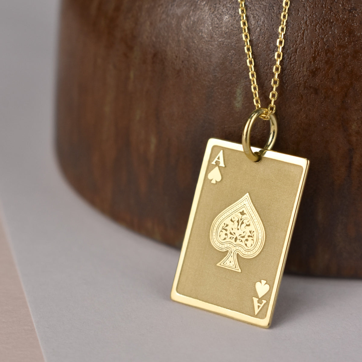 14K Gold Ace of Spades Playing Card Pendant Necklace