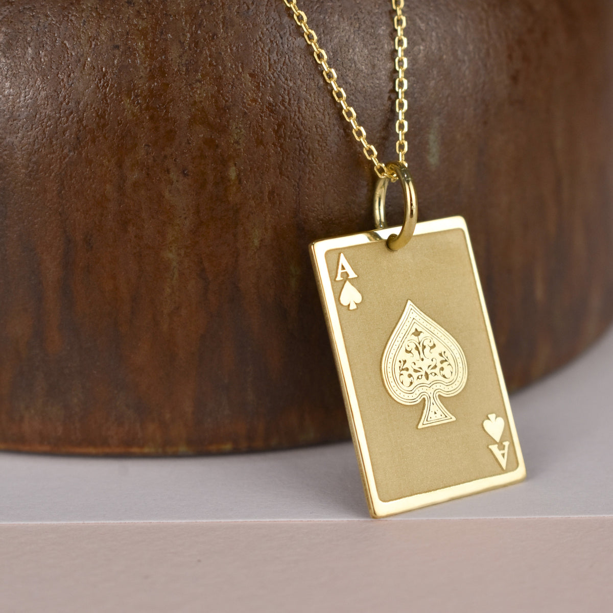 14K Gold Ace of Spades Playing Card Pendant Necklace