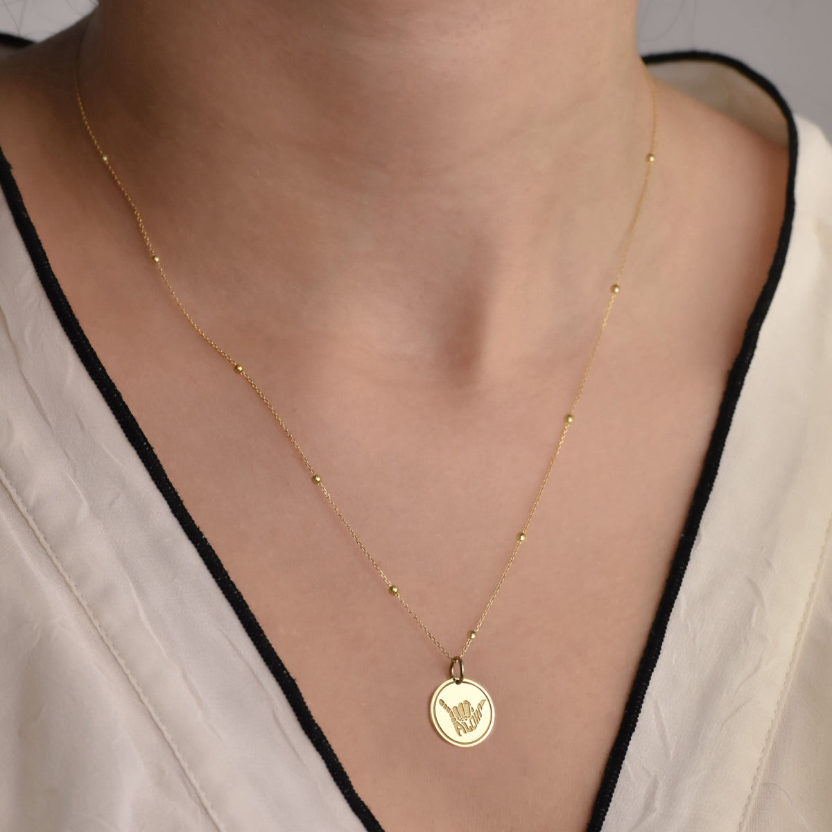 14K Gold Aloha Shaka Hand Pendant Necklace