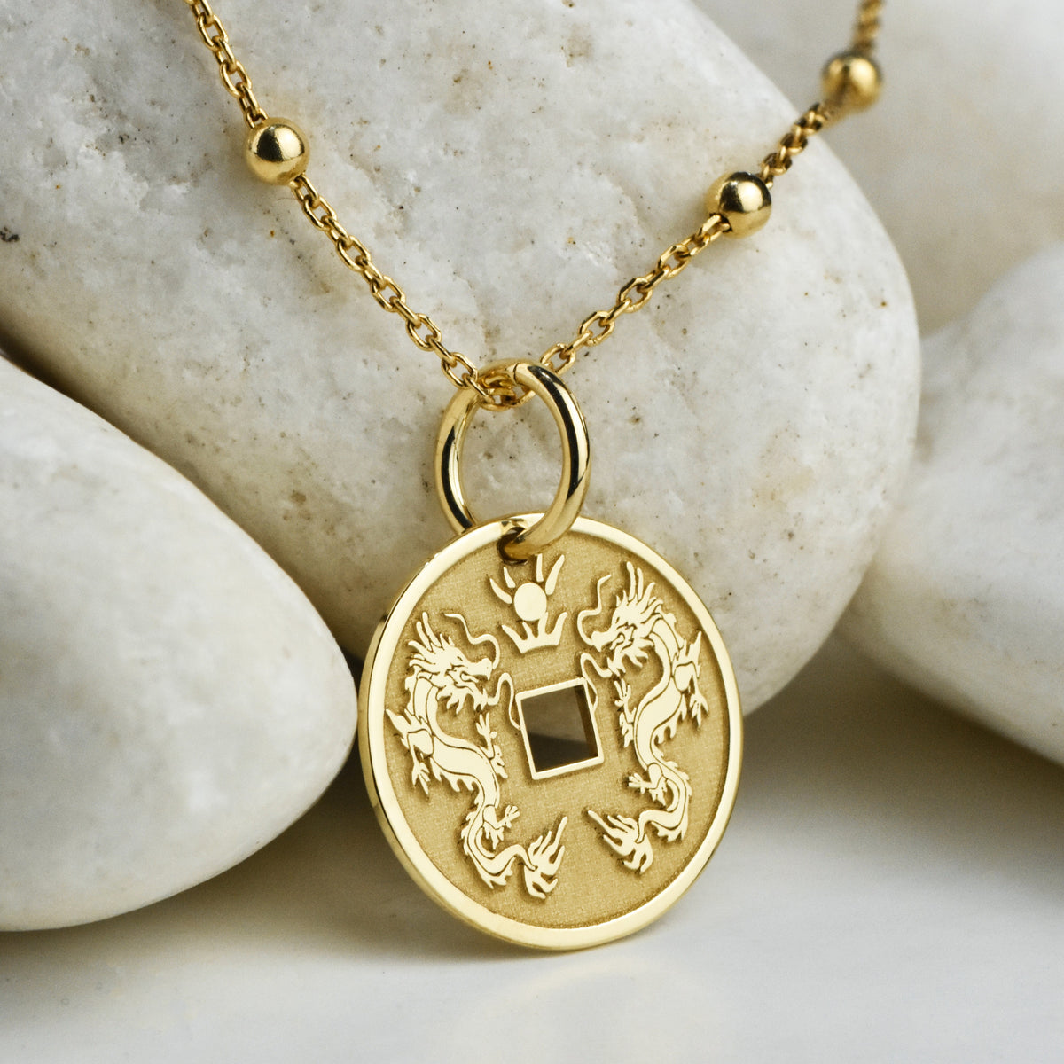 14K Gold Chinese Double Dragon Coin Pendant Necklace
