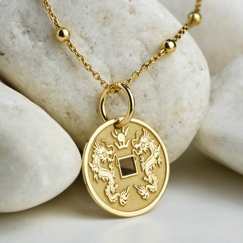 14K Gold Chinese Double Dragon Coin Pendant Necklace