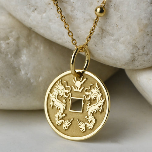 14K Gold Chinese Double Dragon Coin Pendant Necklace