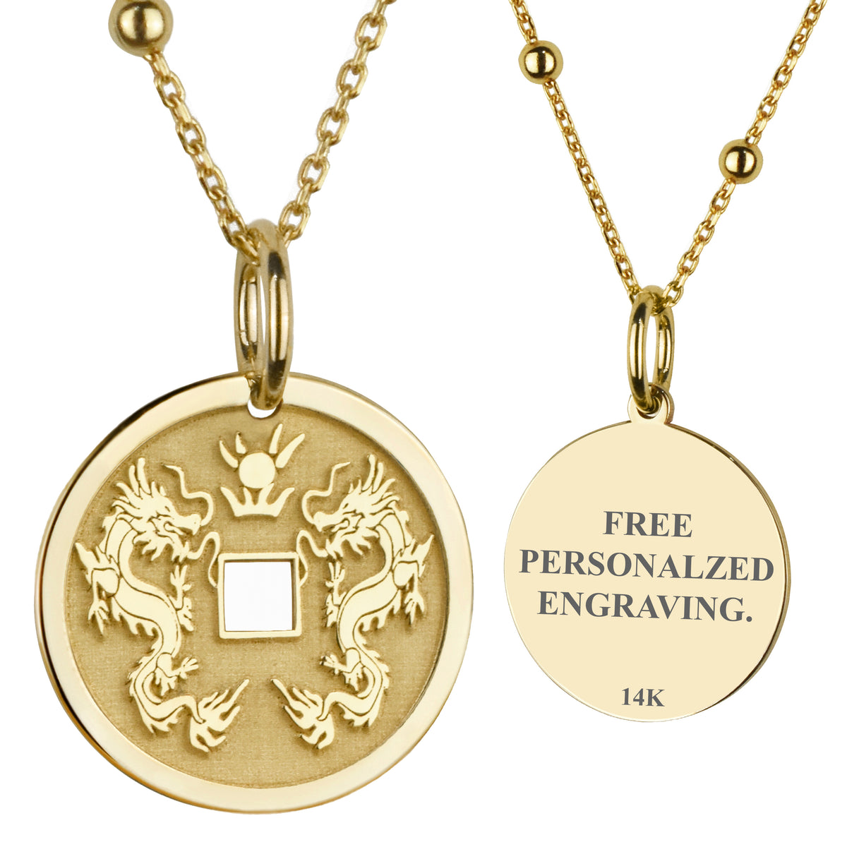 14K Gold Chinese Double Dragon Coin Pendant Necklace