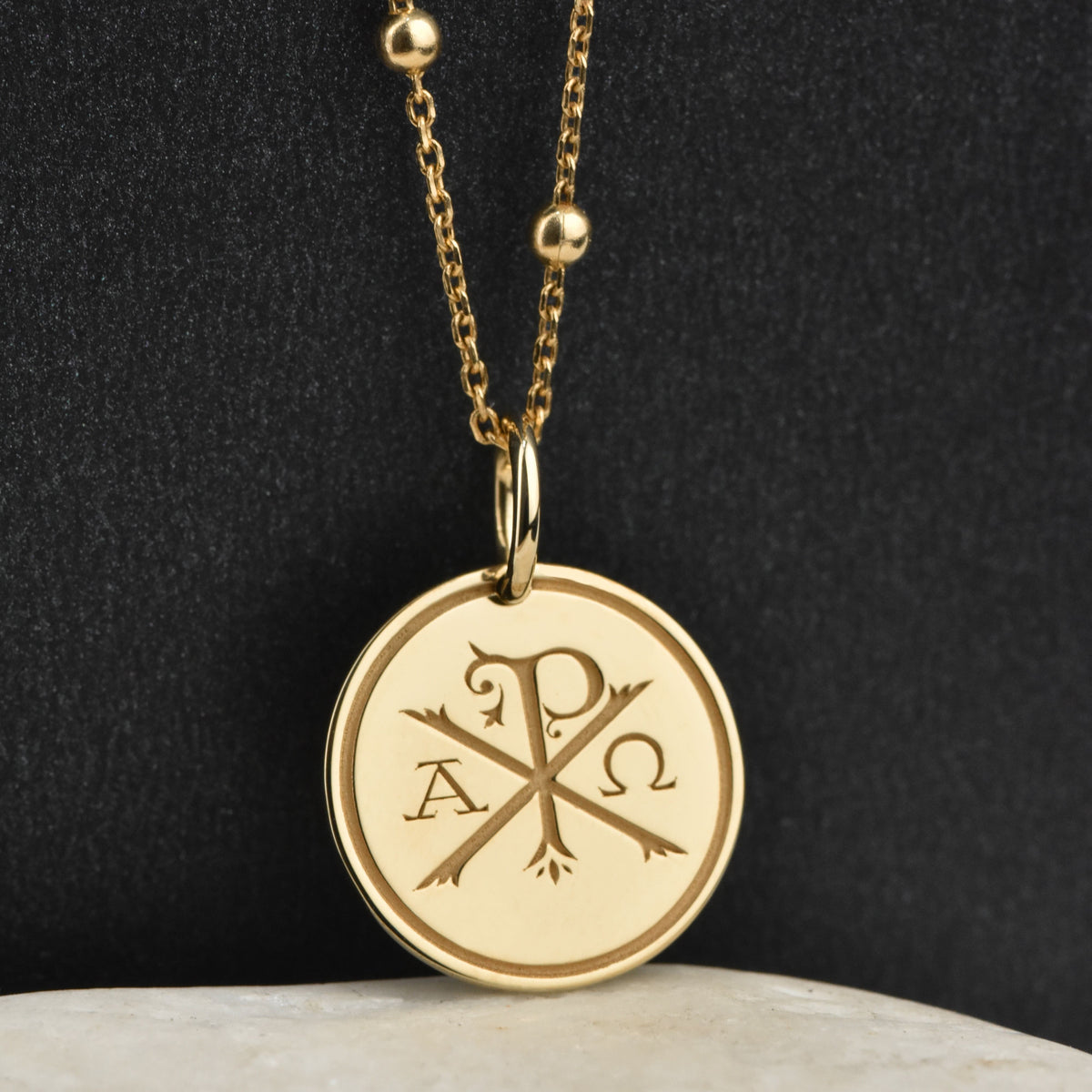 14K Gold Chi Rho Alpha Omega Pendant Necklace