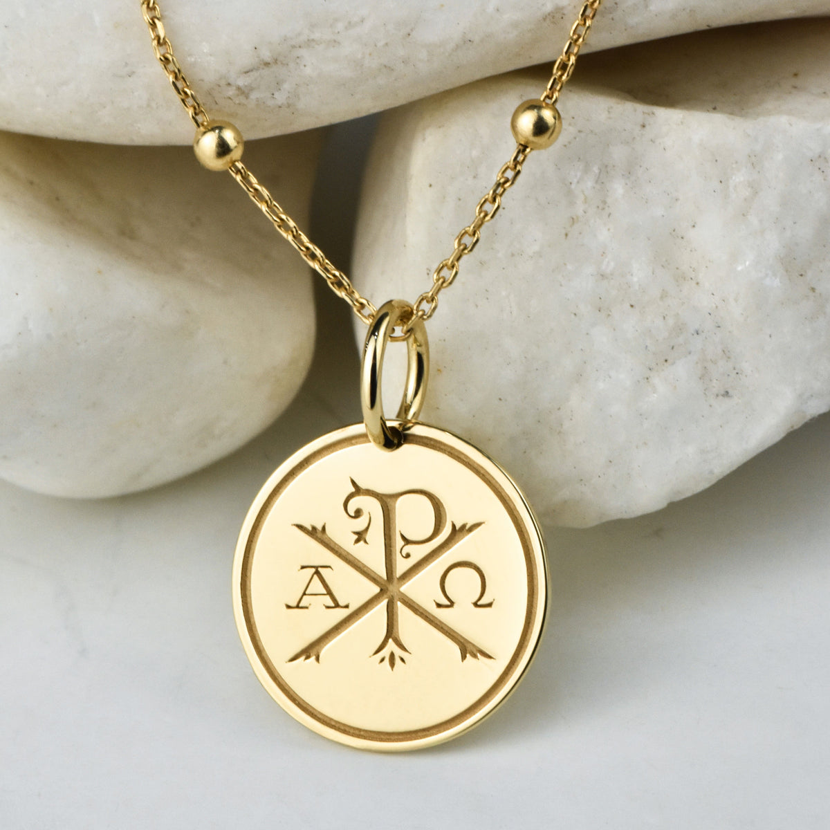 14K Gold Chi Rho Alpha Omega Pendant Necklace