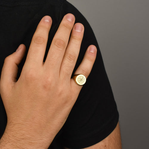 14K Gold Compass Signet Ring