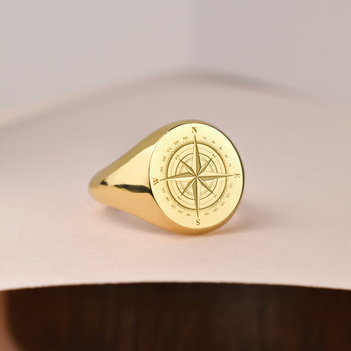 14K Gold Compass Signet Ring