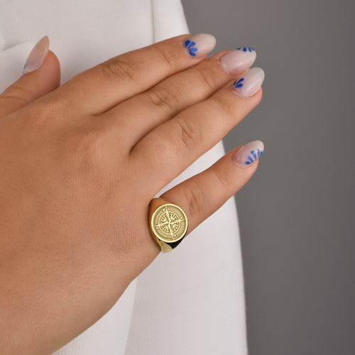 14K Gold Compass Signet Ring