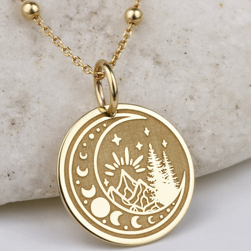 14K Gold Moon Phase Mountain Pendant Necklace