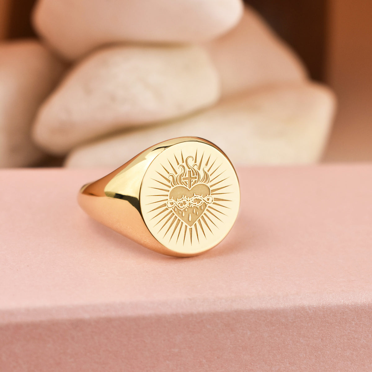 14K Gold Sacred Heart Signet Ring