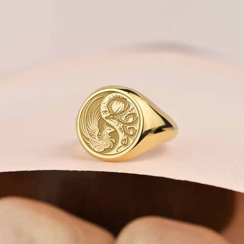 14K Gold Dragon & Phoenix Yin Yang Signet Ring
