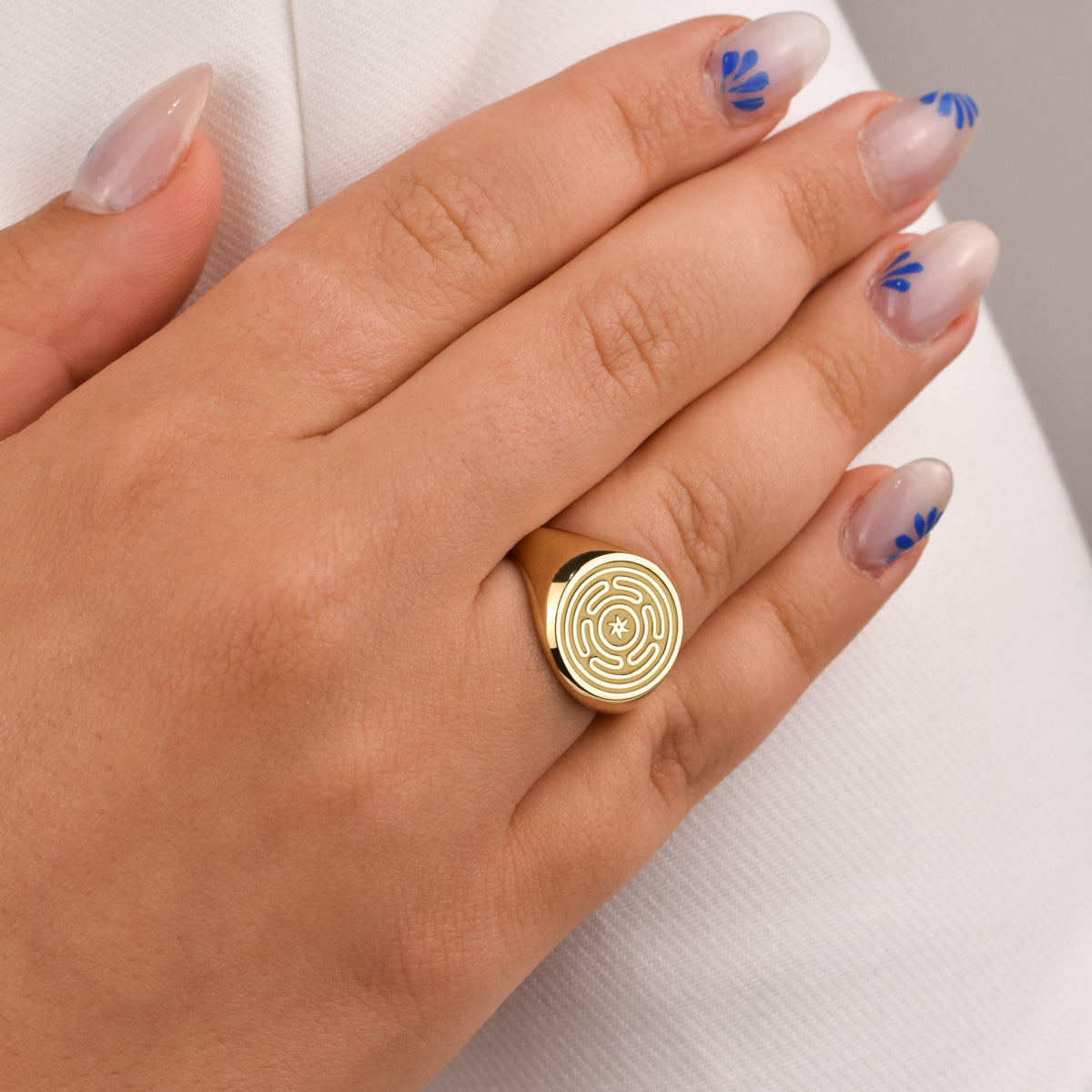 14K Gold Hecate's Wheel Signet Ring