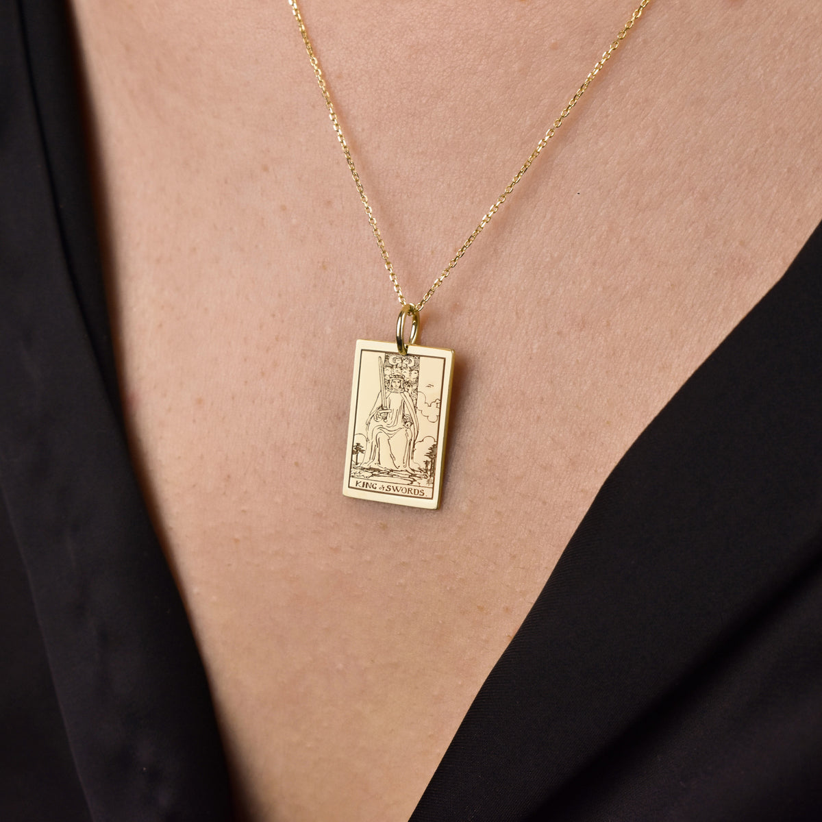 14K Gold King of Swords Tarot Card Pendant Necklace