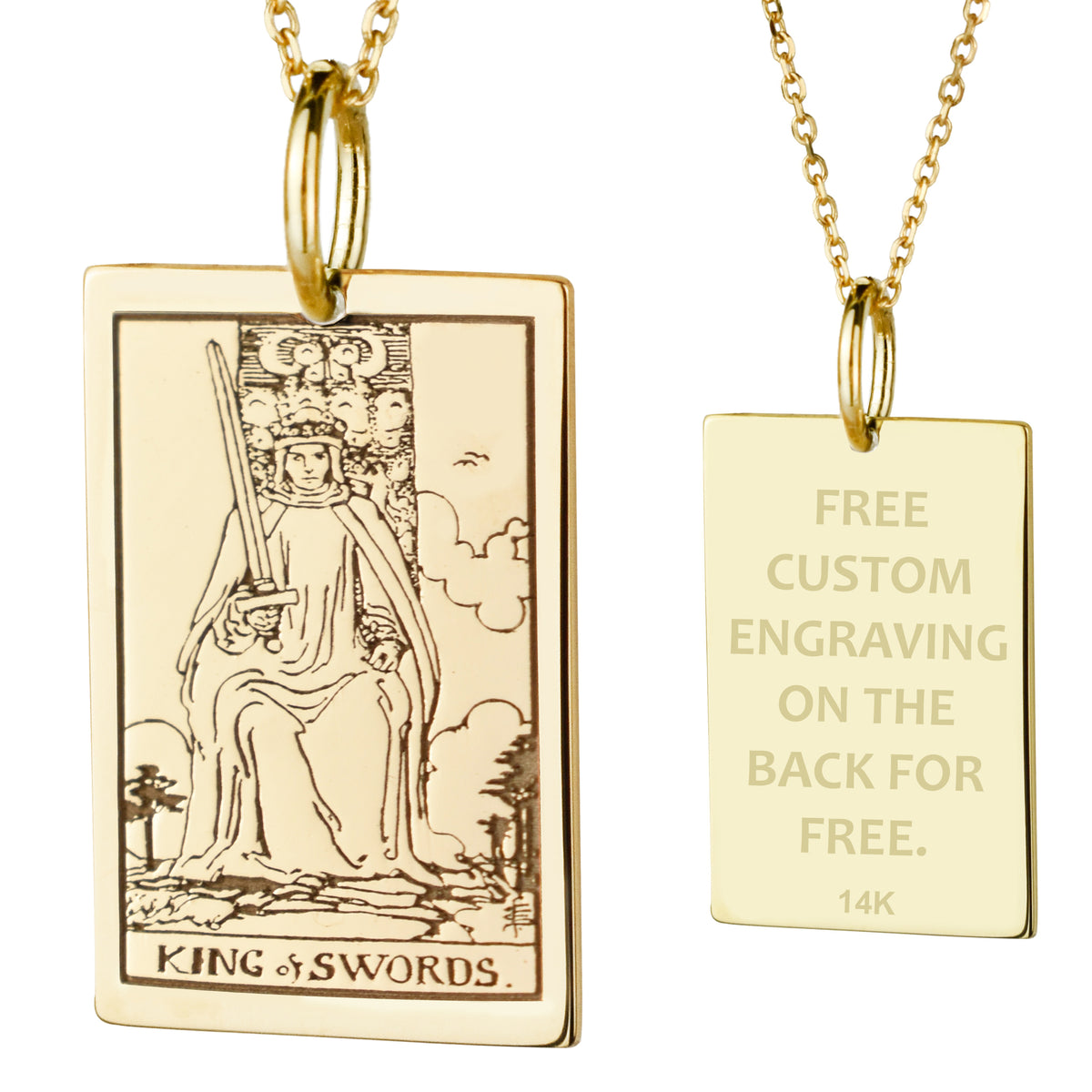 14K Gold King of Swords Tarot Card Pendant Necklace