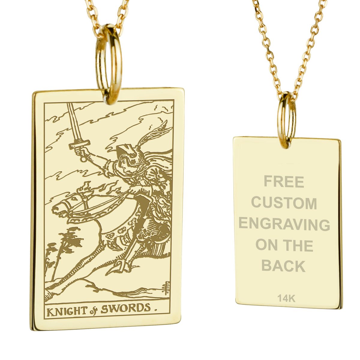 14K Gold Knight of Swords Tarot Card Pendant Necklace
