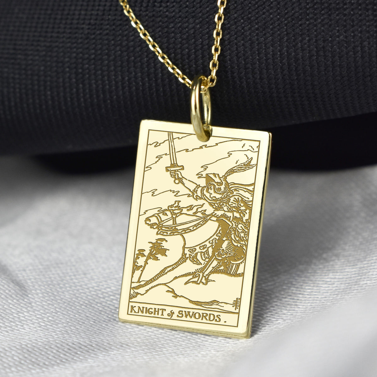 14K Gold Knight of Swords Tarot Card Pendant Necklace