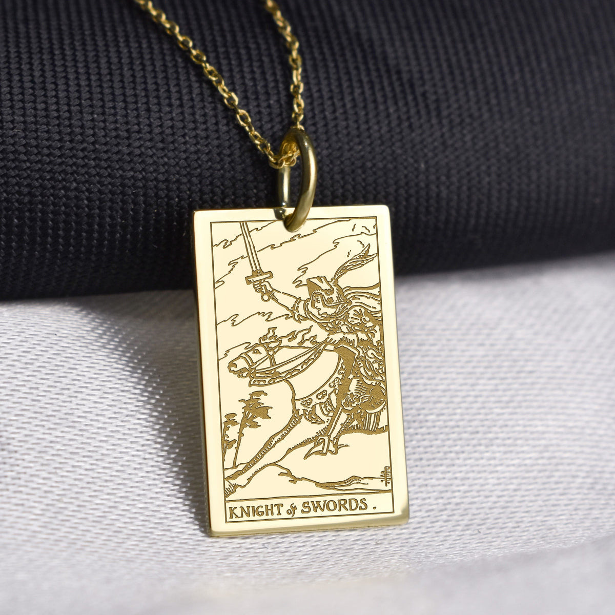 14K Gold Knight of Swords Tarot Card Pendant Necklace