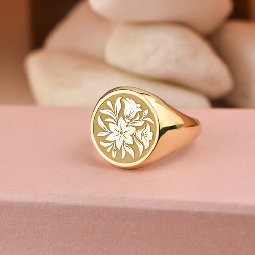 14K Gold Lily Flower Signet Ring