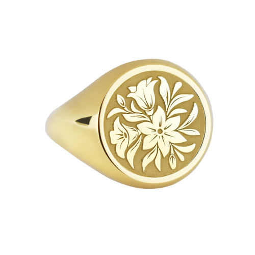 14K Gold Lily Flower Signet Ring