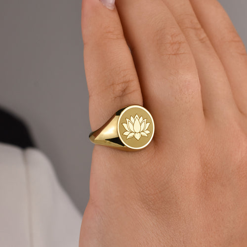 14K Gold Lotus Flower Signet Ring
