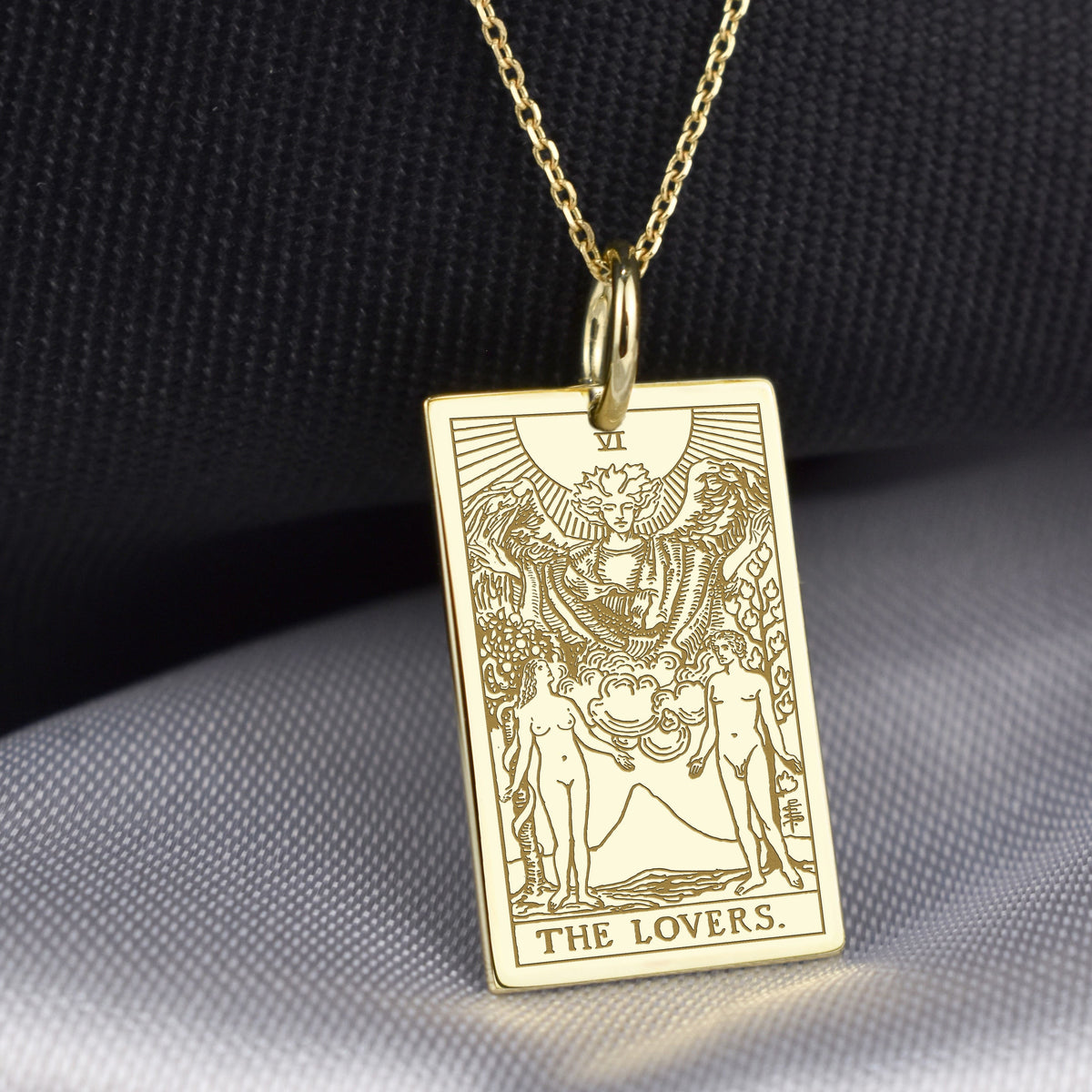 14K Gold Lovers Tarot Card Pendant Necklace