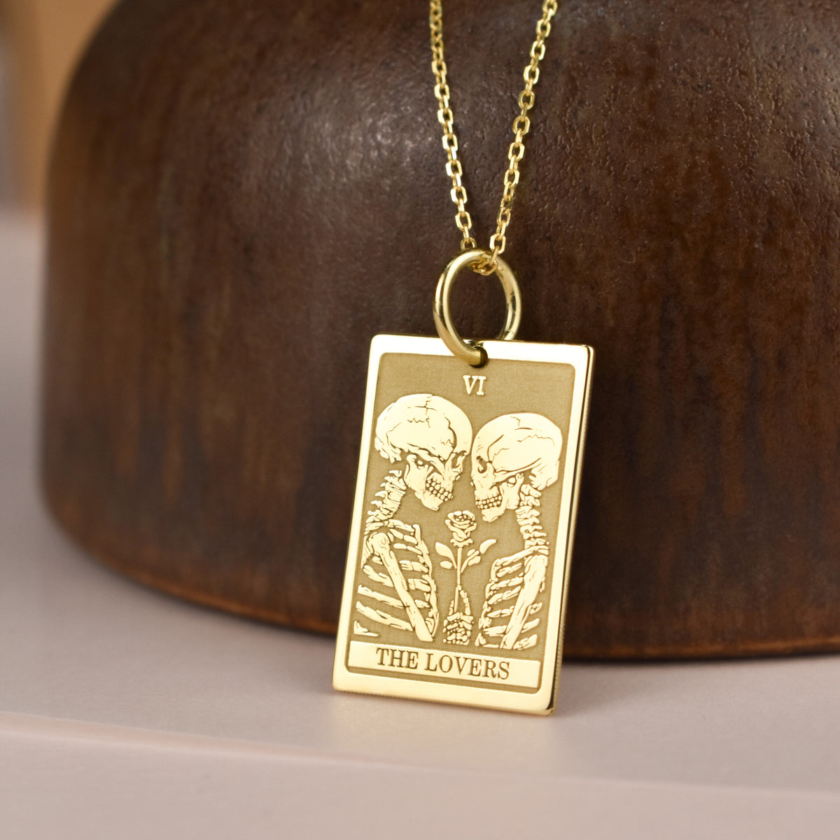 14K Gold Lovers Tarot Card Pendant Necklace