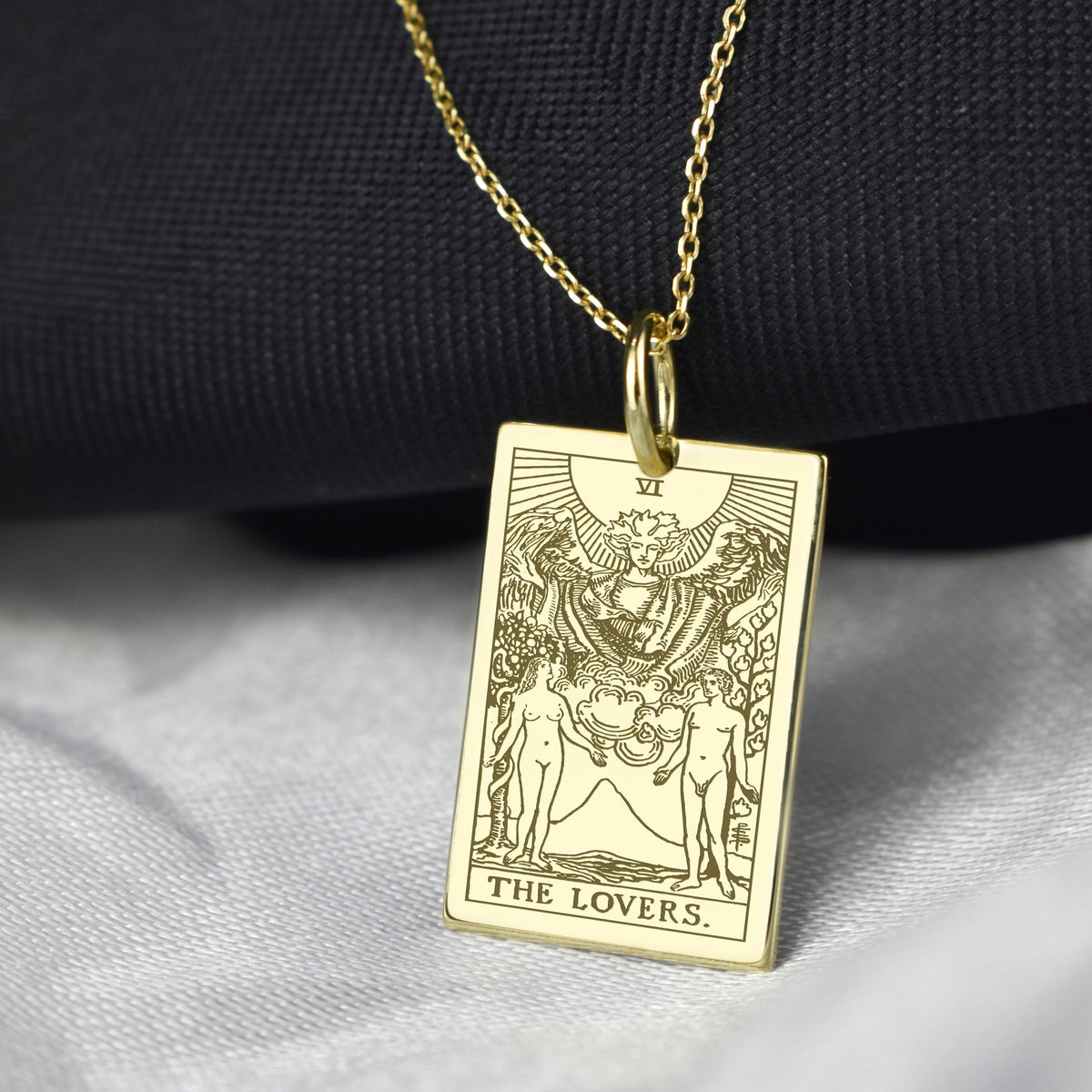 14K Gold Lovers Tarot Card Pendant Necklace