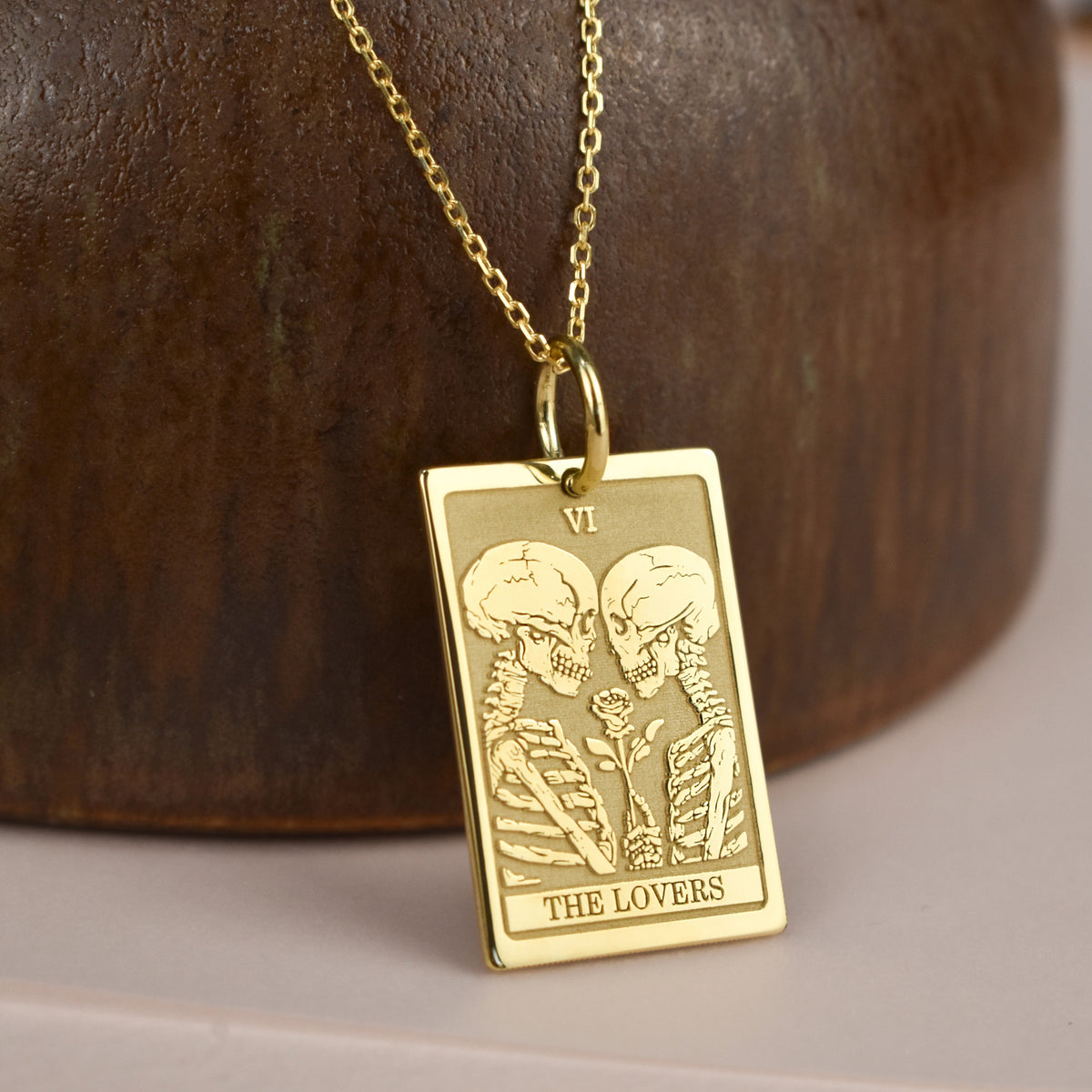 14K Gold Lovers Tarot Card Pendant Necklace