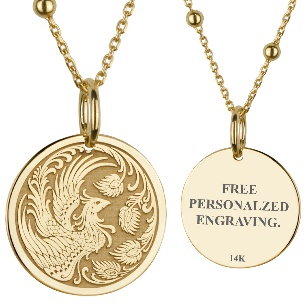 14K Gold Phoenix Bird Pendant Necklace