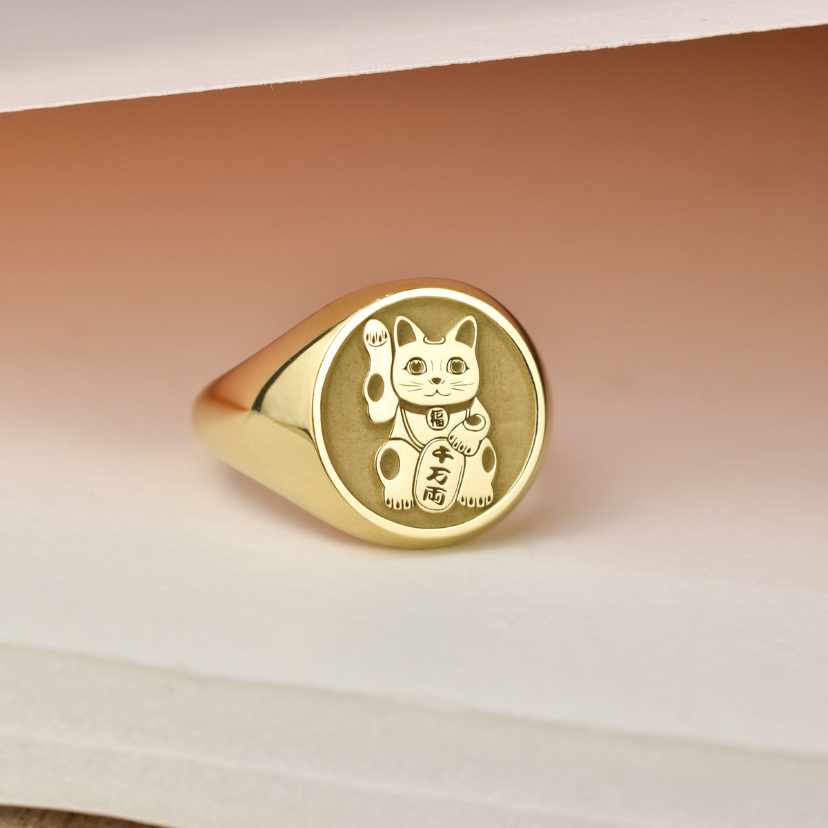 14K Gold Maneki Neko Lucky Cat Signet Ring