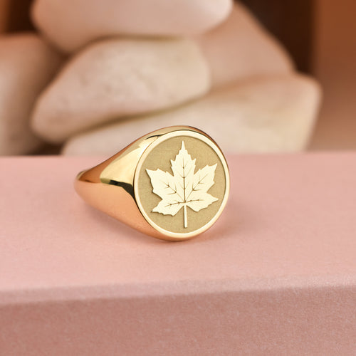 14K Gold Maple Leaf Signet Ring
