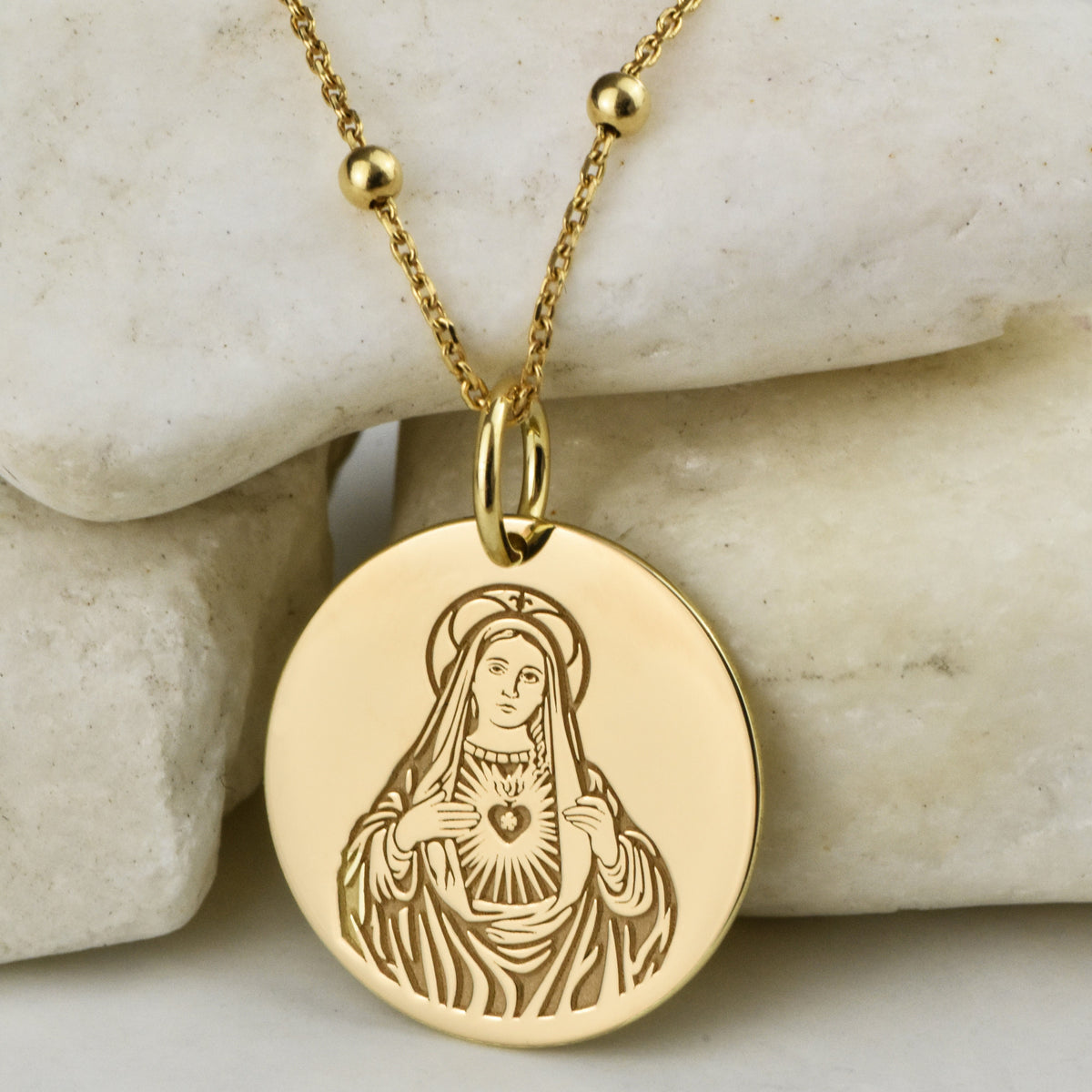 14K Gold Heart of Mary Pendant Necklace