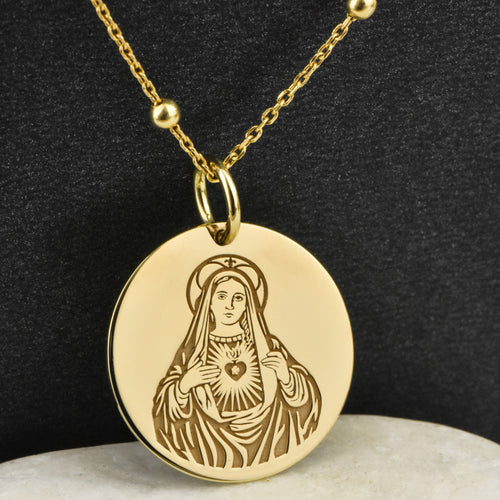 14K Gold Heart of Mary Pendant Necklace