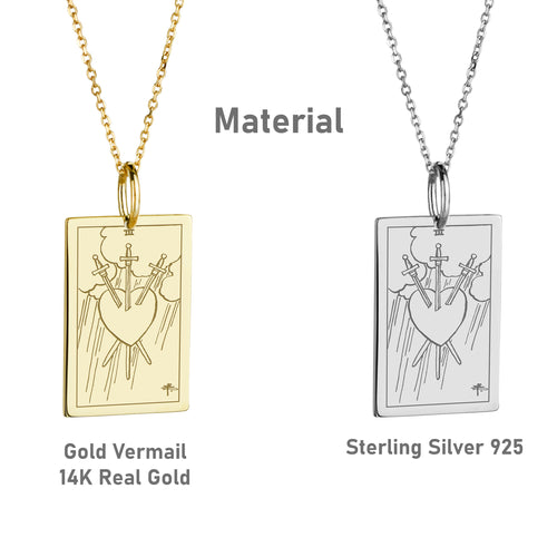 14K Gold Three of Swords Tarot Card Pendant Necklace